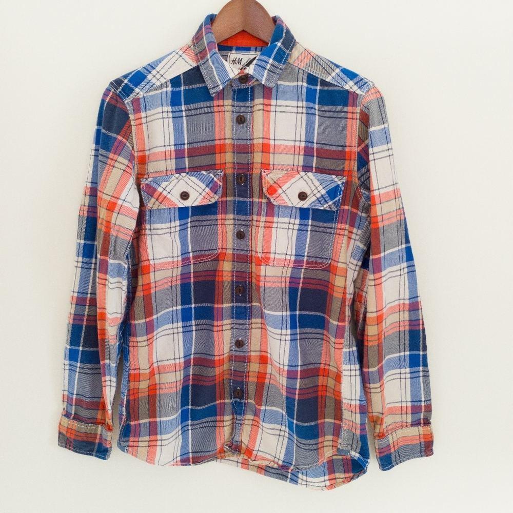 H&M x Brick Lane Bikes Plaid Flannel Rider Shirt Blue Orange Men's Size S Rare